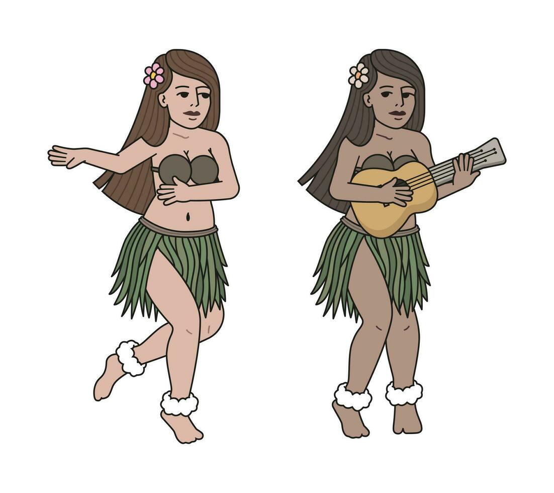 vettore illustrazione di un' cartone animato hawaiano hula ballerino. hula ragazza con ukulele.