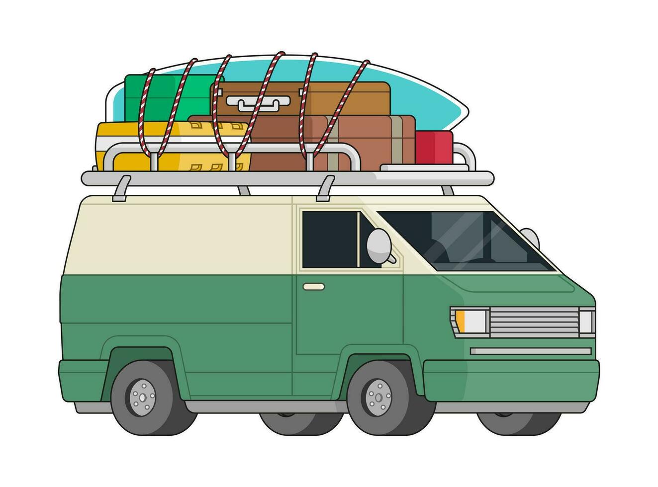 verde viaggio Surf furgone con tavole da surf e bagaglio su il tetto isolato vettore illustrazione.