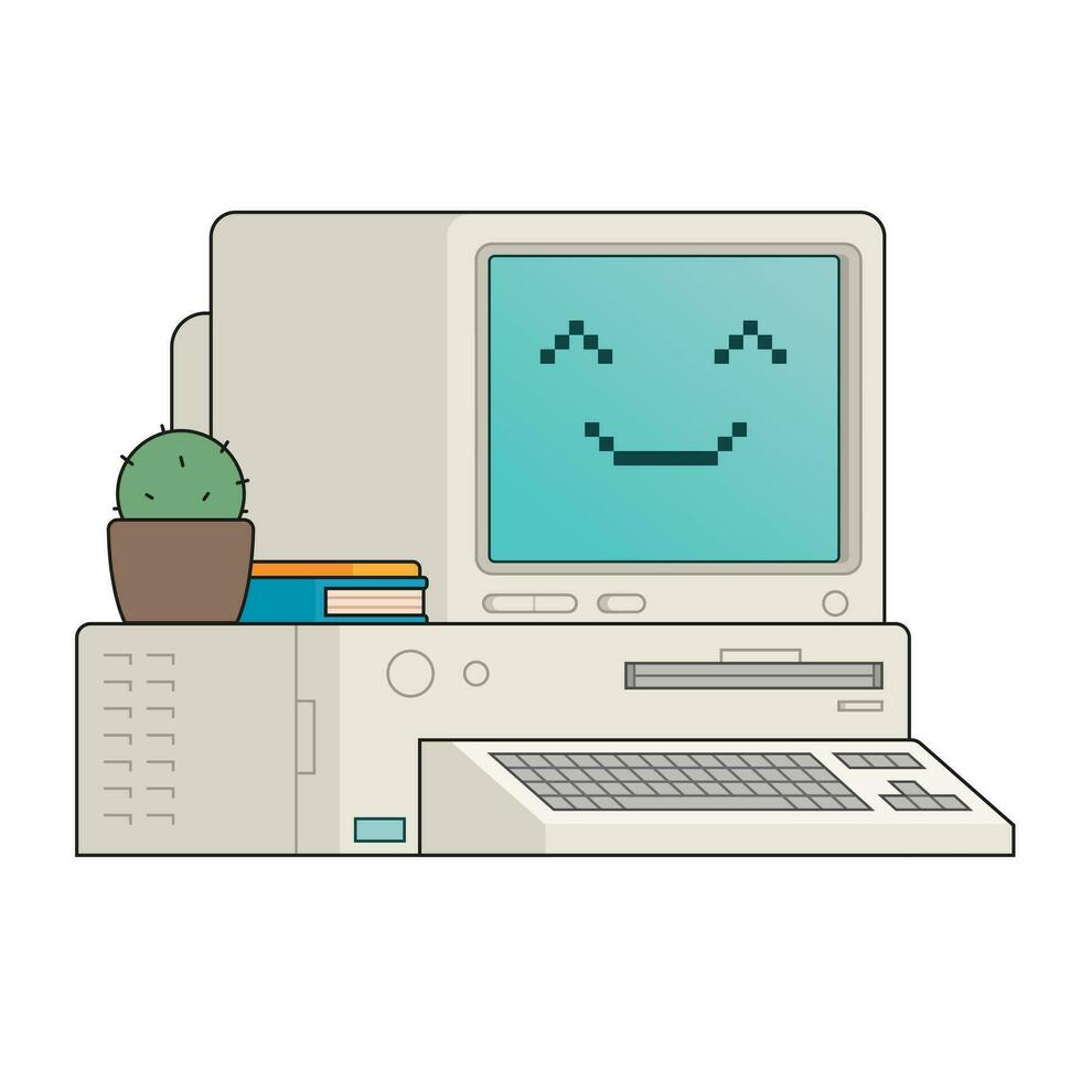 vettore illustrazione di kawaii cartone animato pc con cactus e libri.