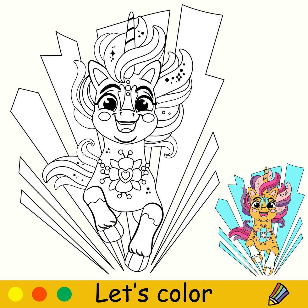 cartone animato carino in esecuzione unicorno bambini colorazione libro pagina vettore