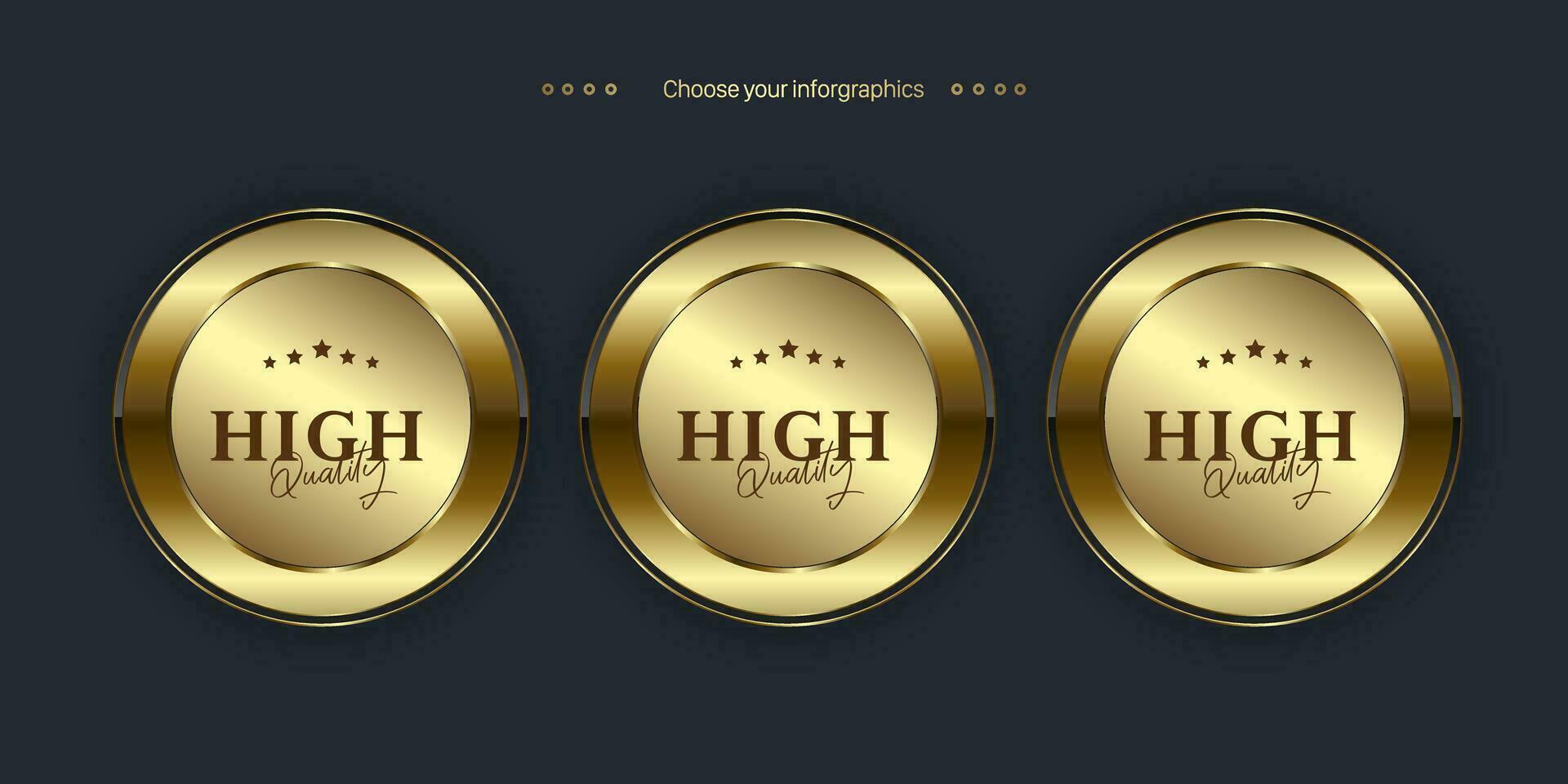 tre lusso cerchi premio e d'oro etichetta pulsante isolato su nero sfondo. realistico vettore illustrazione di d'oro, metallo lusso ui concetti di pulsanti