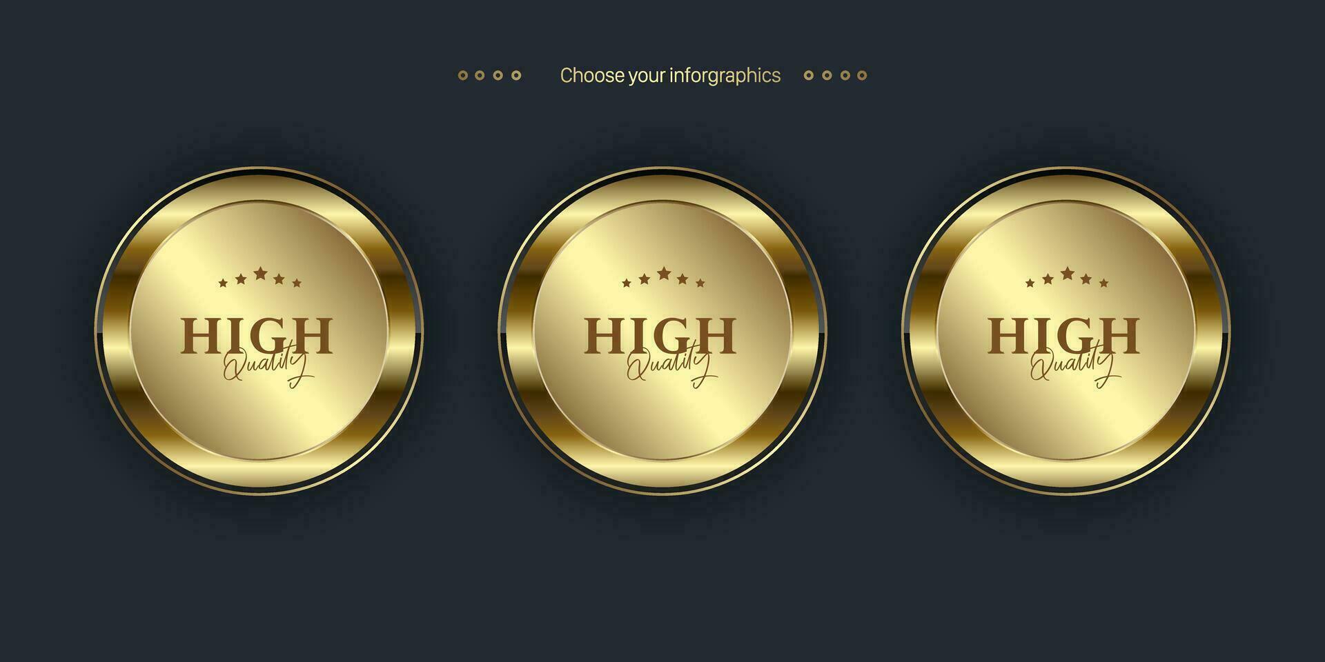 impostato di tre cerchi premio e d'oro etichetta pulsante isolato su nero sfondo. realistico vettore illustrazione di d'oro, metallo lusso ui concetti di pulsanti