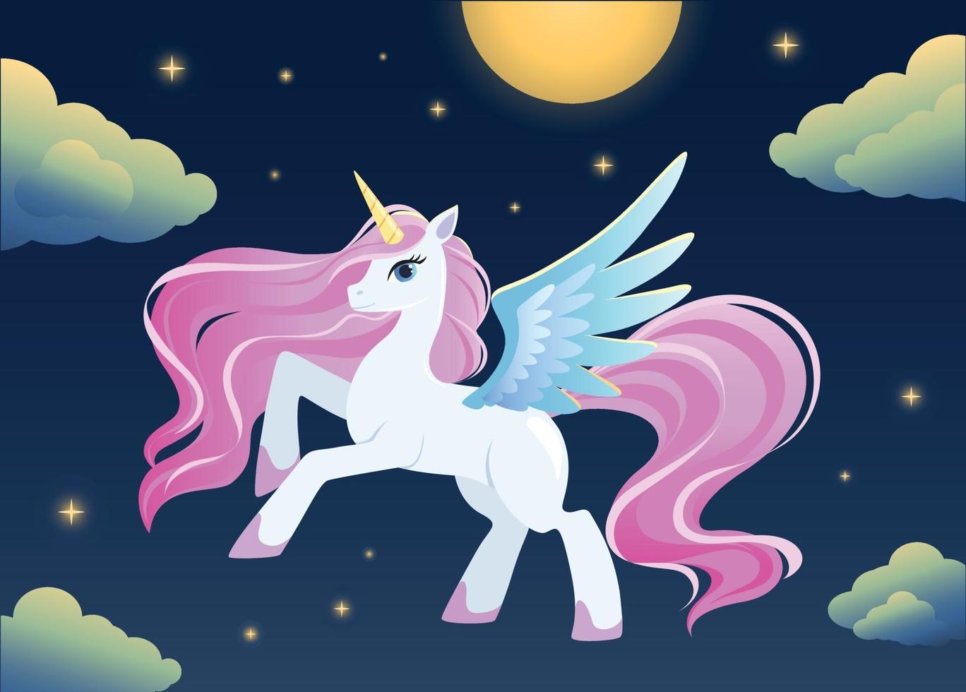 pegaso unicorno magico dei cartoni animati sul cielo notturno vettore