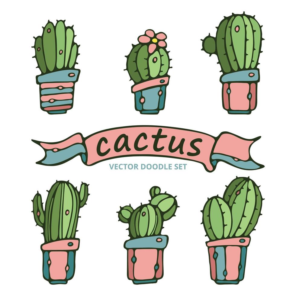 cactus in vasi di ceramica insieme di vettore. stile scarabocchio piatto del fumetto. vettore