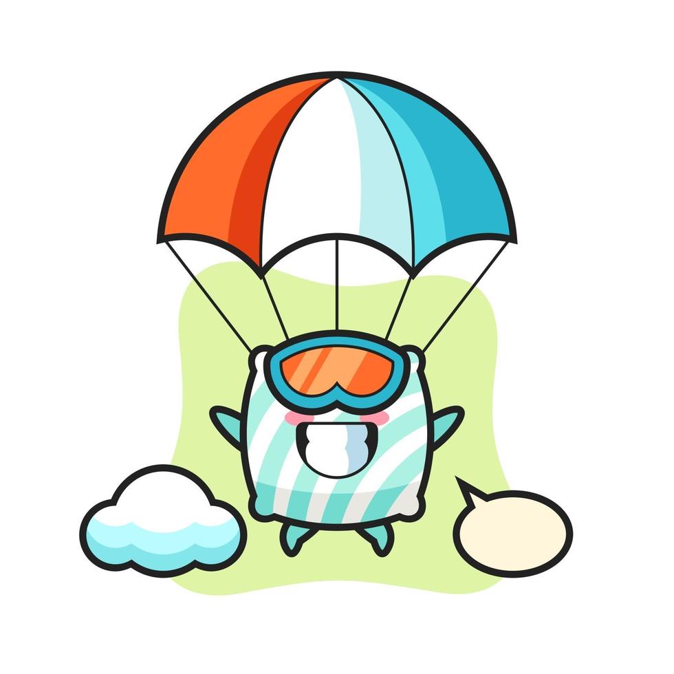 il cartone animato della mascotte del cuscino sta facendo paracadutismo con un gesto felice vettore