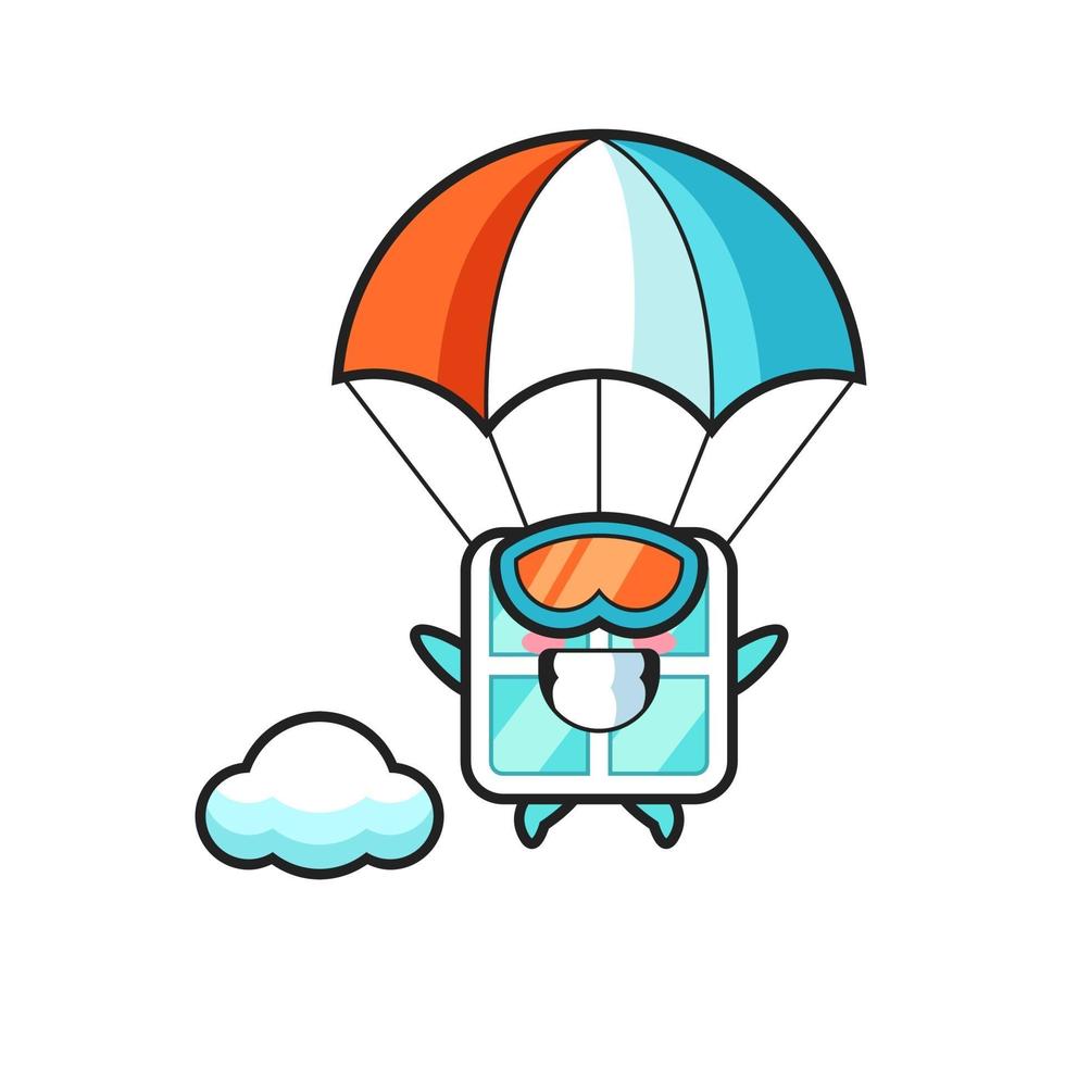 il fumetto della mascotte della finestra sta facendo paracadutismo con un gesto felice vettore