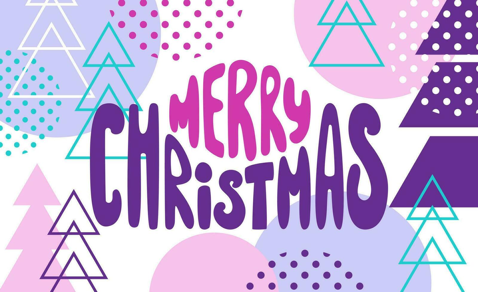 allegro Natale. Vintage ▾ lettering nel retrò cartone animato stile di il anni 80. astratto Natale alberi fatto di geometrico forme. luminosa, neon colori. manifesto grafica. per pubblicità striscione, sito web, aviatore vettore