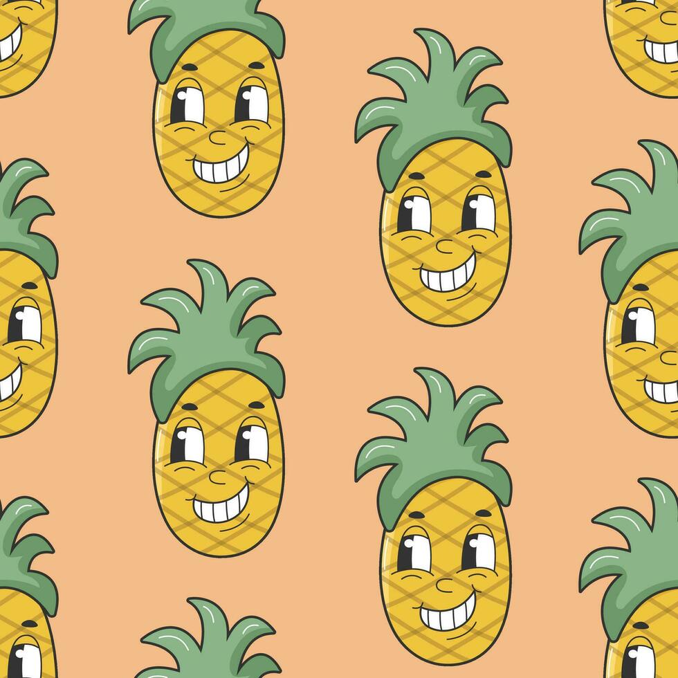 Groovy estate vettore Stampa con ananas. anni 90 frutta divertente retrò Groovy modello con cartone animato hippie carattere. comico personaggio di ananas con un' viso. dolce succoso fresco frutta.