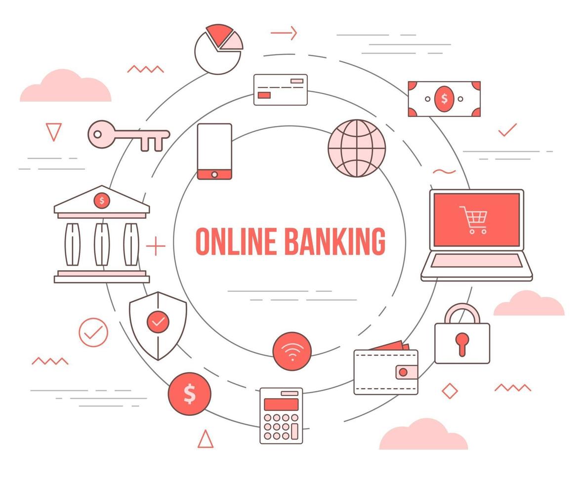 concetto di tecnologia bancaria online con banner modello set di icone vettore