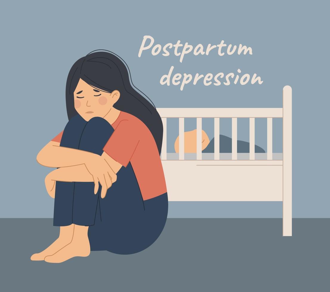 depressione postnatale, donna triste si siede vicino a un bambino vettore