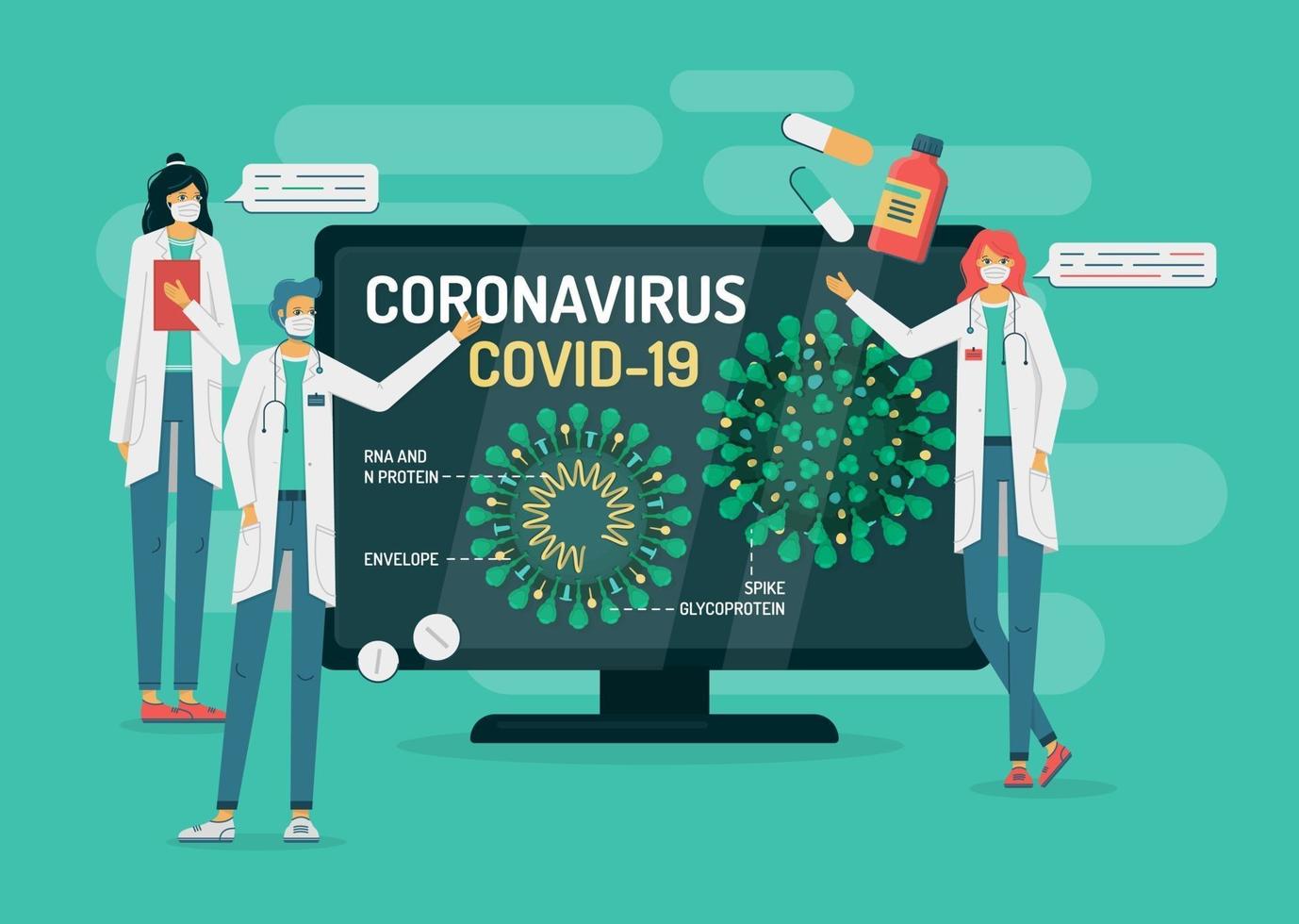 i medici parlano della struttura del coronavirus in tv vettore