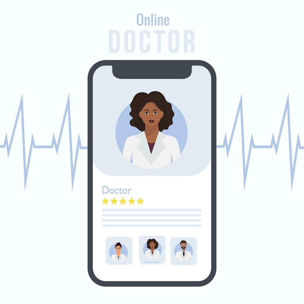 mobile App con femmina buio pelle medico su il smartphone schermo. medicina in linea consultazione bandiera concetto. vettore