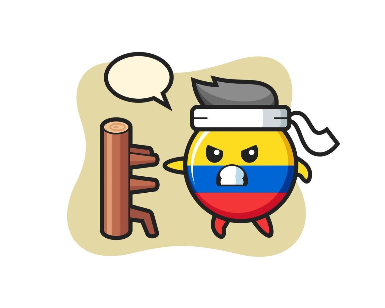 illustrazione del fumetto del distintivo della bandiera della colombia come combattente di karate vettore