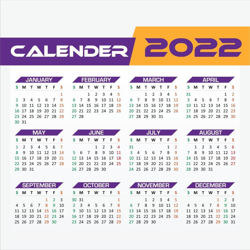 una pagina 2022 calendario viola e giallo vettore