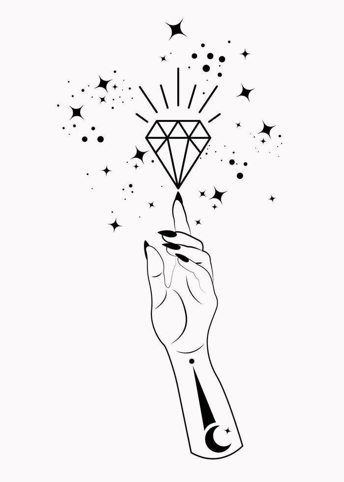 mistica donna mano alchimia magia esoterica spazio stelle, simbolo di cristallo vettore