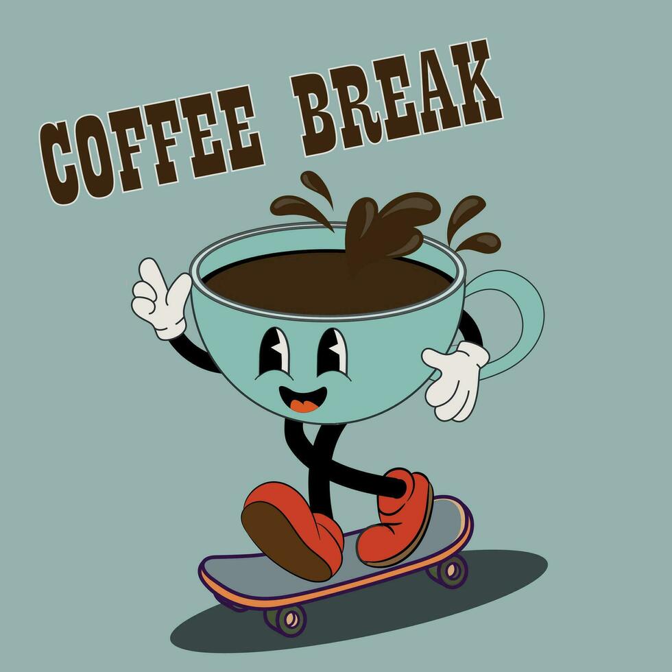 retrò manifesto con portafortuna tazze di caffè nel di moda Vintage ▾ cartone animato stile. caffè personaggi nel anni '60, 70s vecchio animazione stile. Vintage ▾ comico bar mascotte. vettore