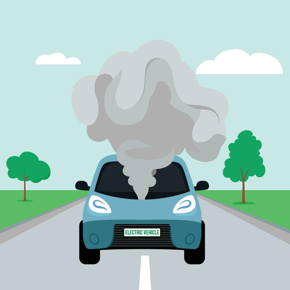 auto abbattersi vettore illustrazione, Fumo In arrivo a partire dal un motore di un elettrico auto veicolo su un' vialetto, davanti Visualizza piatto stile azione vettore Immagine