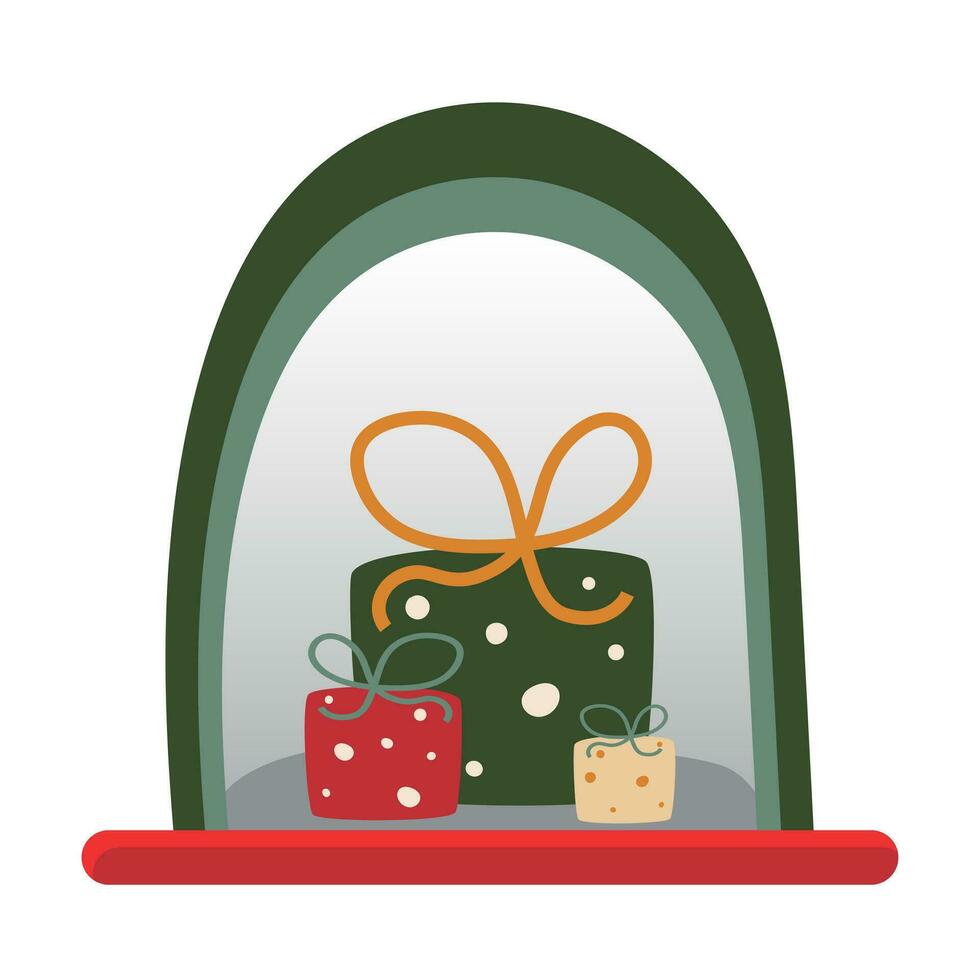 i regali per il nuovo anno nel un' semplice modulo. astratto Natale palla con i regali dentro. un' cremagliera o un' vetrina con nuovo anni i regali vettore