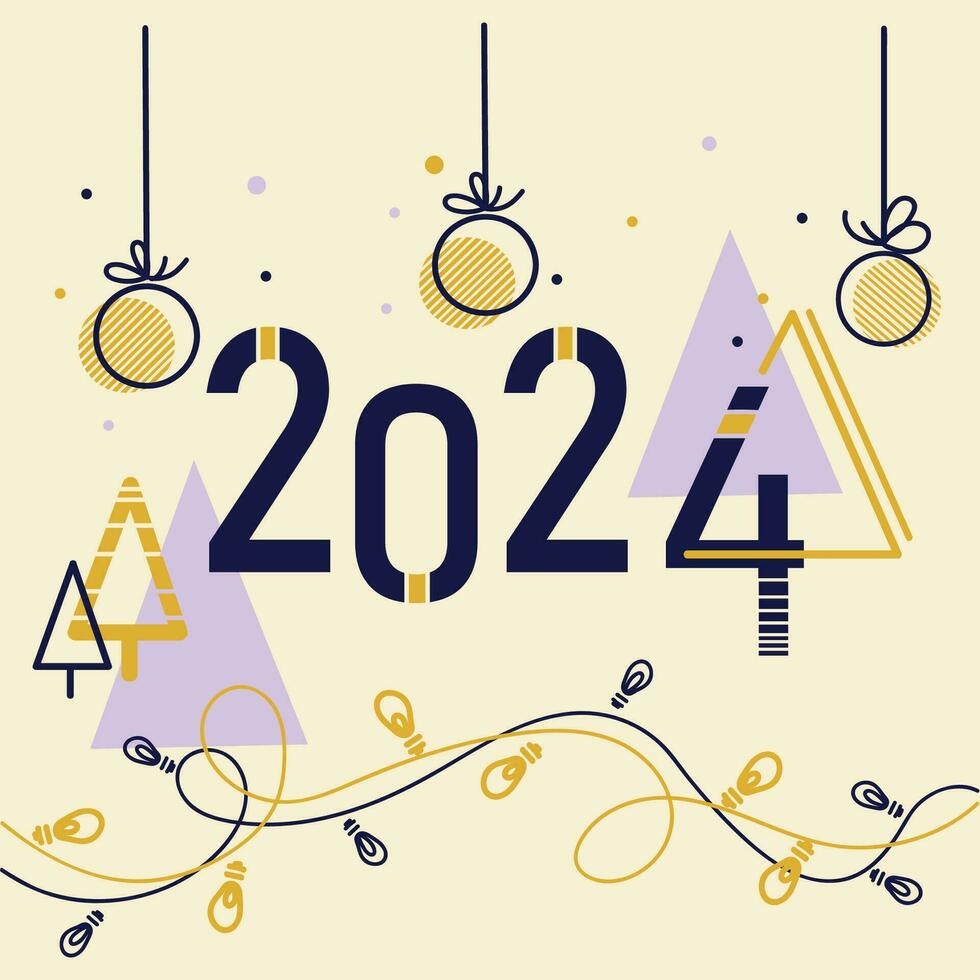 contento nuovo anno 2024 numeri astratto bandiera manifesto carta design con Natale palle ghirlande e astratto pino alberi nel geometrico stile. festivo nuovo anno disegno, sfondo, copertina vettore illustrazione