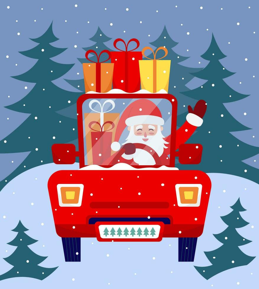 Natale Santa Claus guida rosso auto con regalo scatole vettore piatto illustrazione. inverno nevoso paesaggio e Natale alberi.