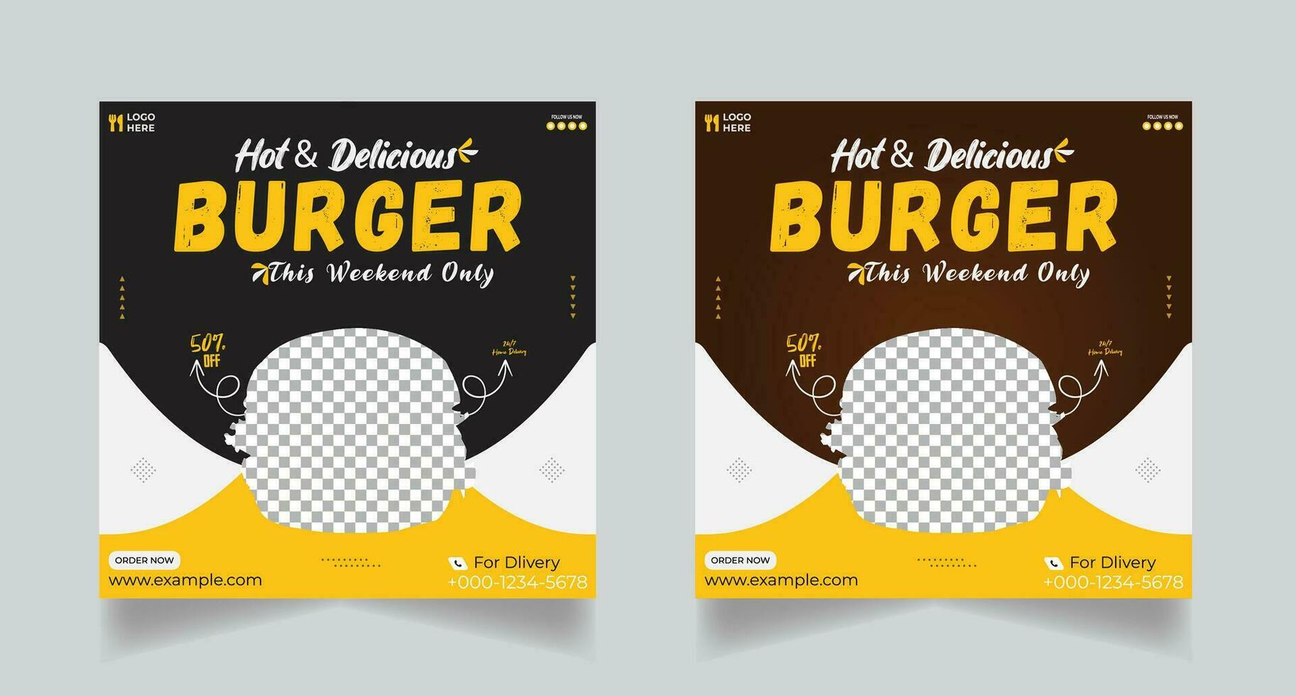 caldo e delizioso hamburger sociale media modello design vettore