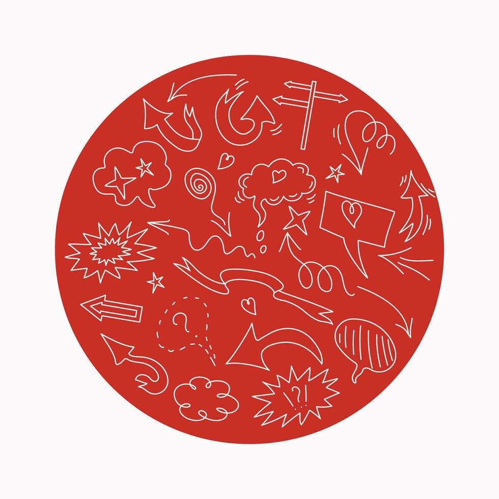 vettore scarabocchio elementi impostare. frecce, cuore, elementi per concettuale design. bianca icone su rosso isolato sfondo.