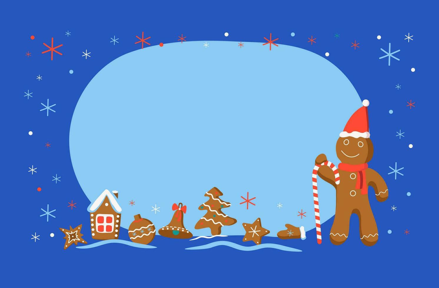 Natale Pan di zenzero uomo. dolci. vacanza biscotti, tradizionale dolce, pasticcini. Casa, Natale albero, fiocchi di neve, stelle. Natale figure. nuovo anno striscione, cartolina. inverno vacanza vettore