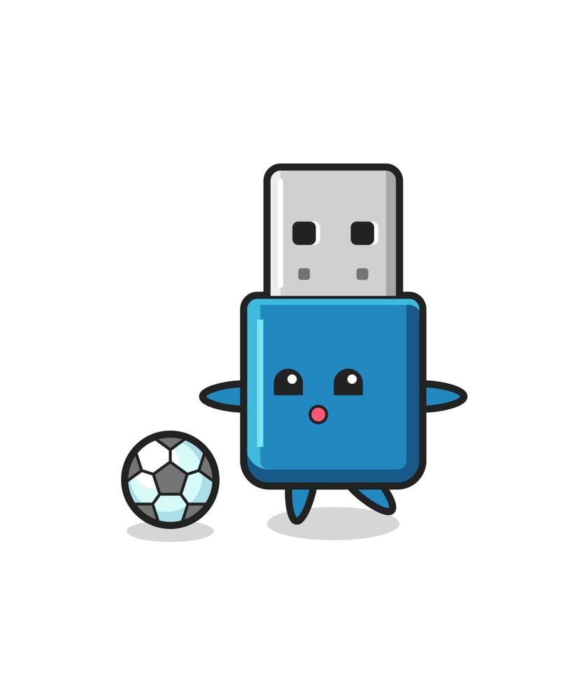 illustrazione del fumetto usb flash drive sta giocando a calcio vettore