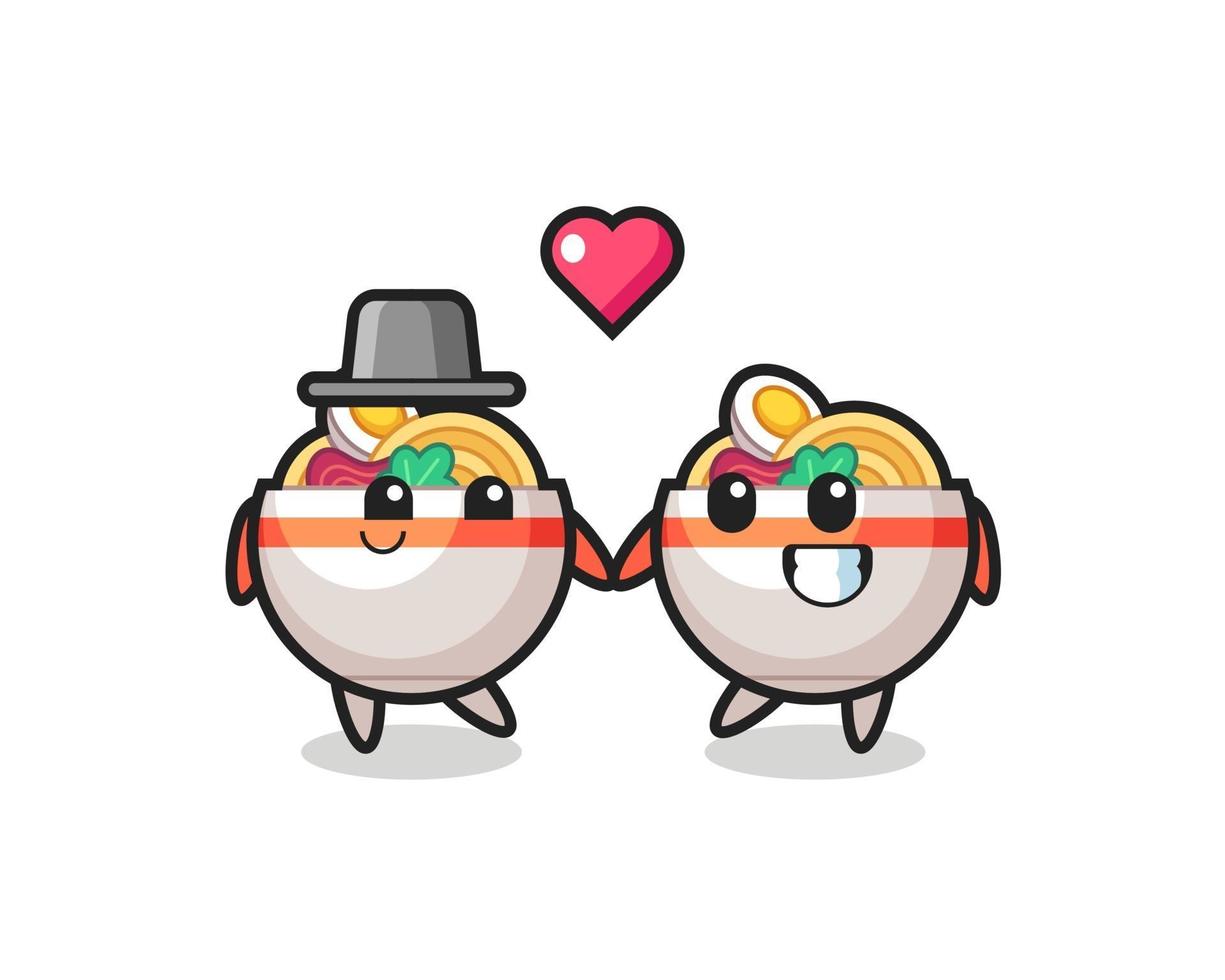 coppia di personaggi dei cartoni animati di ciotola di noodle con gesto di innamoramento vettore