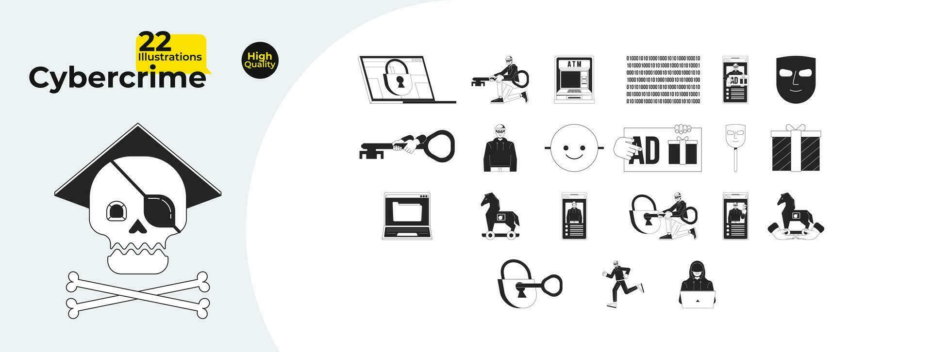 informatica crimine gli hacker nero e bianca cartone animato piatto illustrazione fascio. Telefono attacco, computer ladro 2d Linea artistica personaggi, oggetti isolato. Internet pericoli monocromatico vettore schema Immagine collezione