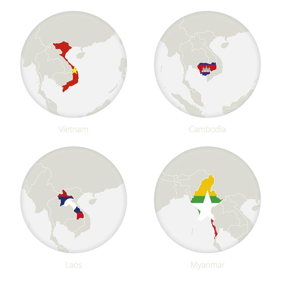 Vietnam, Cambogia, Laos, Myanmar carta geografica contorno e nazionale bandiera nel un' cerchio. vettore