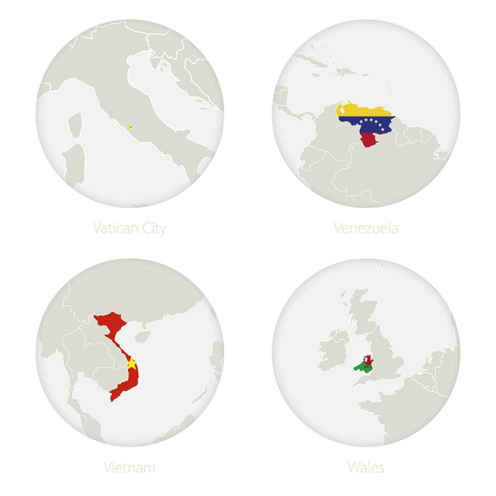 Vaticano città, Venezuela, Vietnam, Galles carta geografica contorno e nazionale bandiera nel un' cerchio. vettore