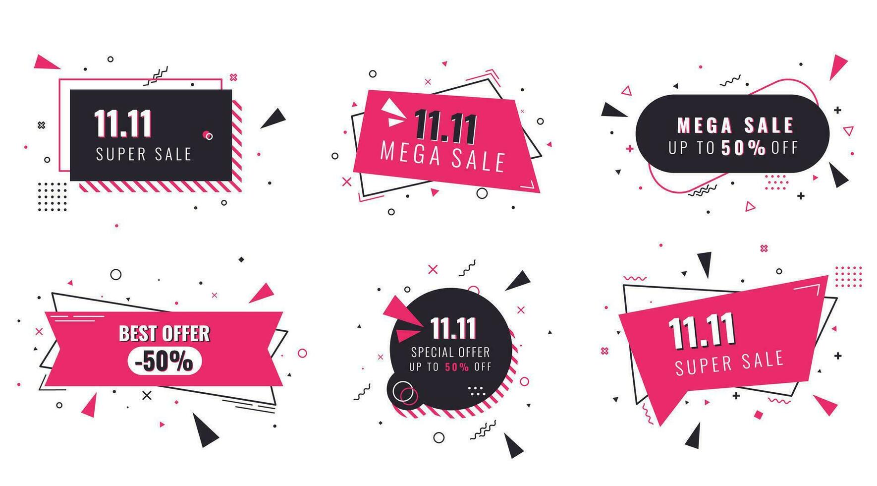 vettore impostato di di moda vendita banner nel Memphis stile per grande shopping giorno vendita 11.11. luminosa promozione banner nel retrò stile. nero e rosa colori