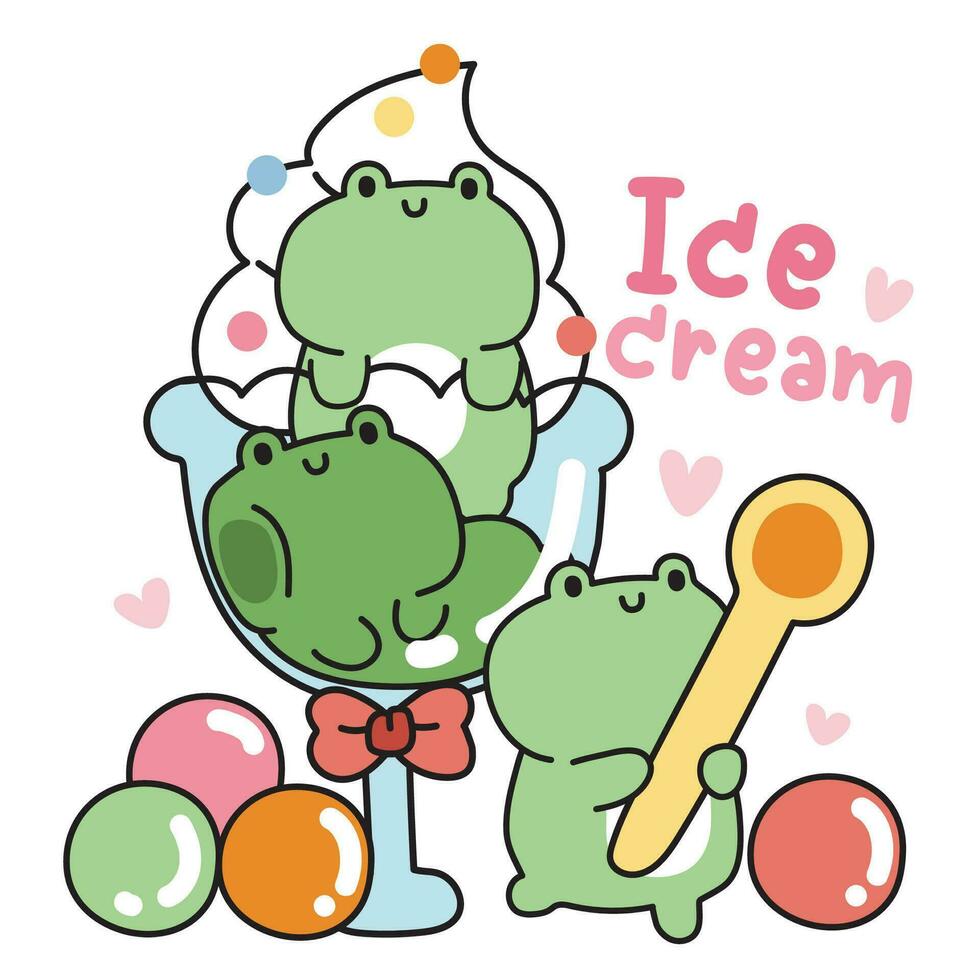 carino rana ghiaccio crema verde tè gusto nel bicchiere con caramelle.rettile animale personaggio cartone animato design.dolce e dessert.cuore.kawaii.vettore.illustrazione. vettore