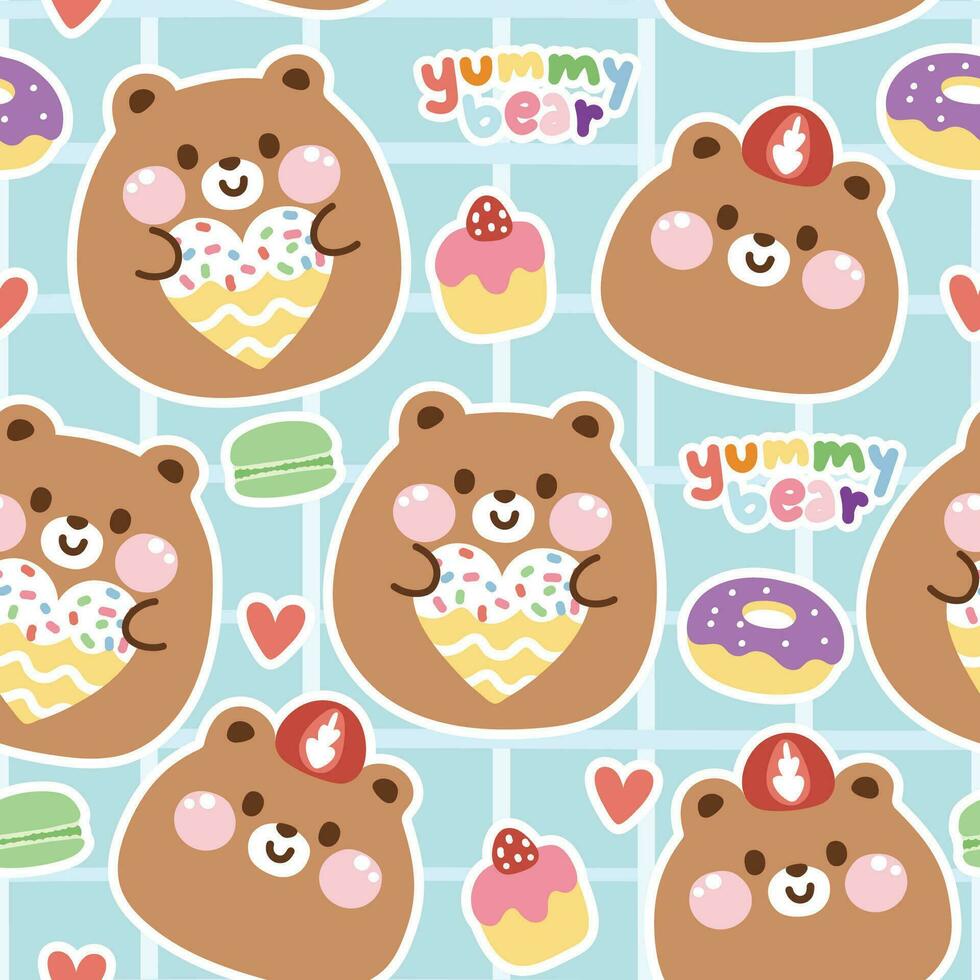 senza soluzione di continuità modello di carino orsacchiotto orso Bambola abbraccio ciambella su pastello sfondo.selvaggio animale vettore