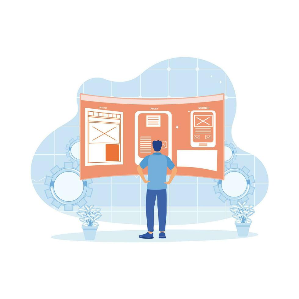 ui UX progettista sviluppando un' sito web nel il ufficio. revisione wireframe disposizione design schizzi per di risposta ragnatela soddisfare con ar schermi. ragnatela design concetto. tendenza moderno vettore piatto illustrazione