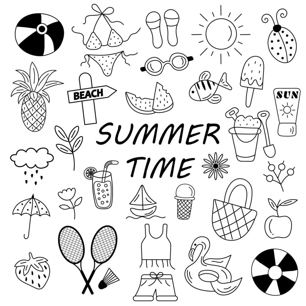 simboli vettoriali e oggetti disegnati a mano da spiaggia estiva in stile doodle.