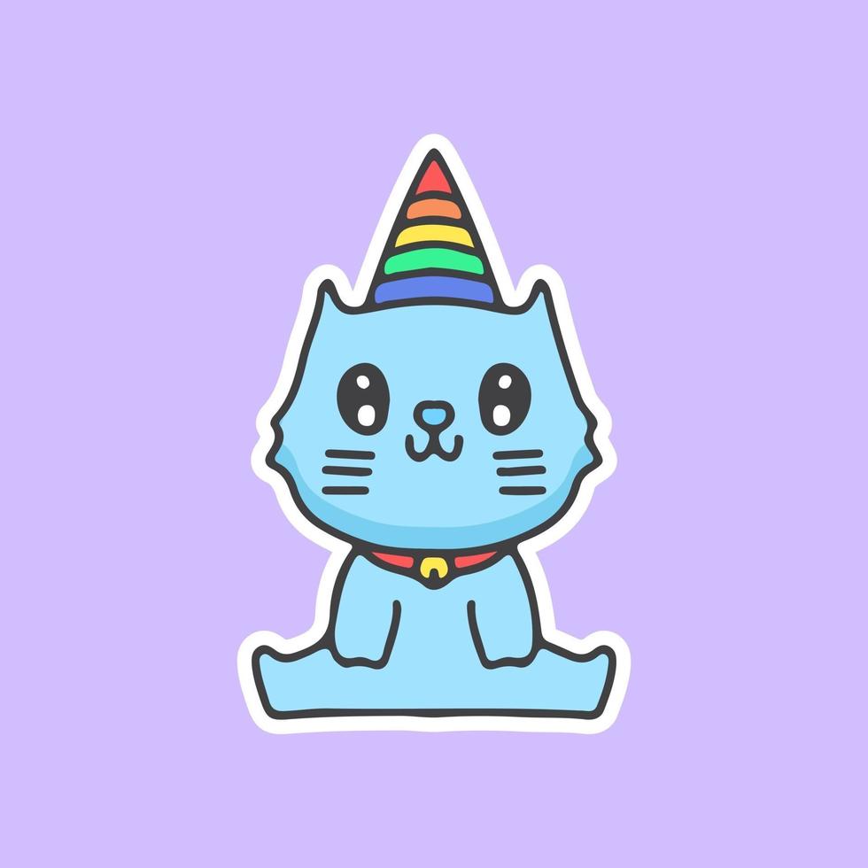 gatto kawaii con corno di unicorno arcobaleno. illustrazione per adesivo vettore