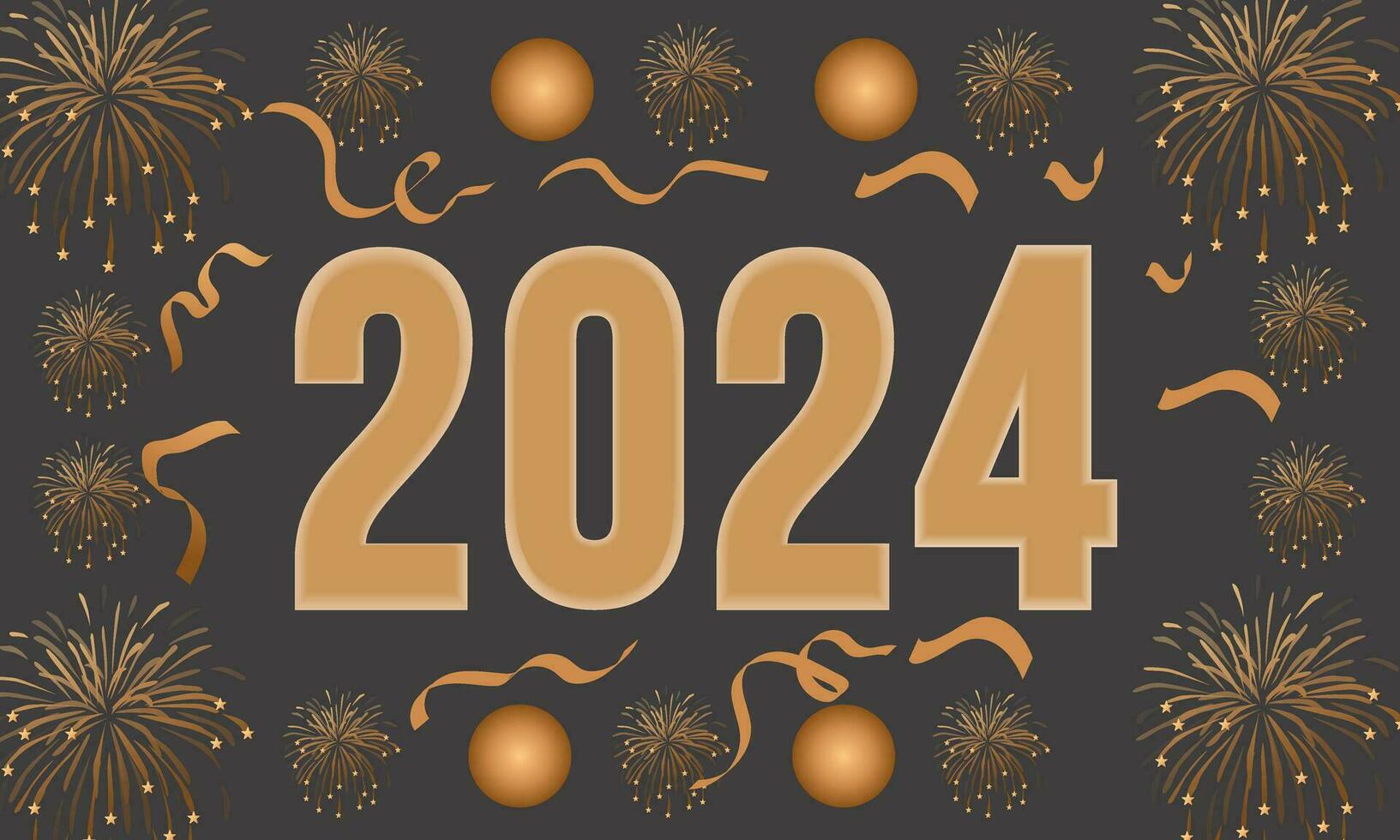 contento nuovo anno 2024 celebrazione festivo concetto con fuochi d'artificio, festa cappelli, e Natale sfera. sfondo, striscione, carta, celebrazione manifesto, festa invito o calendario. vettore
