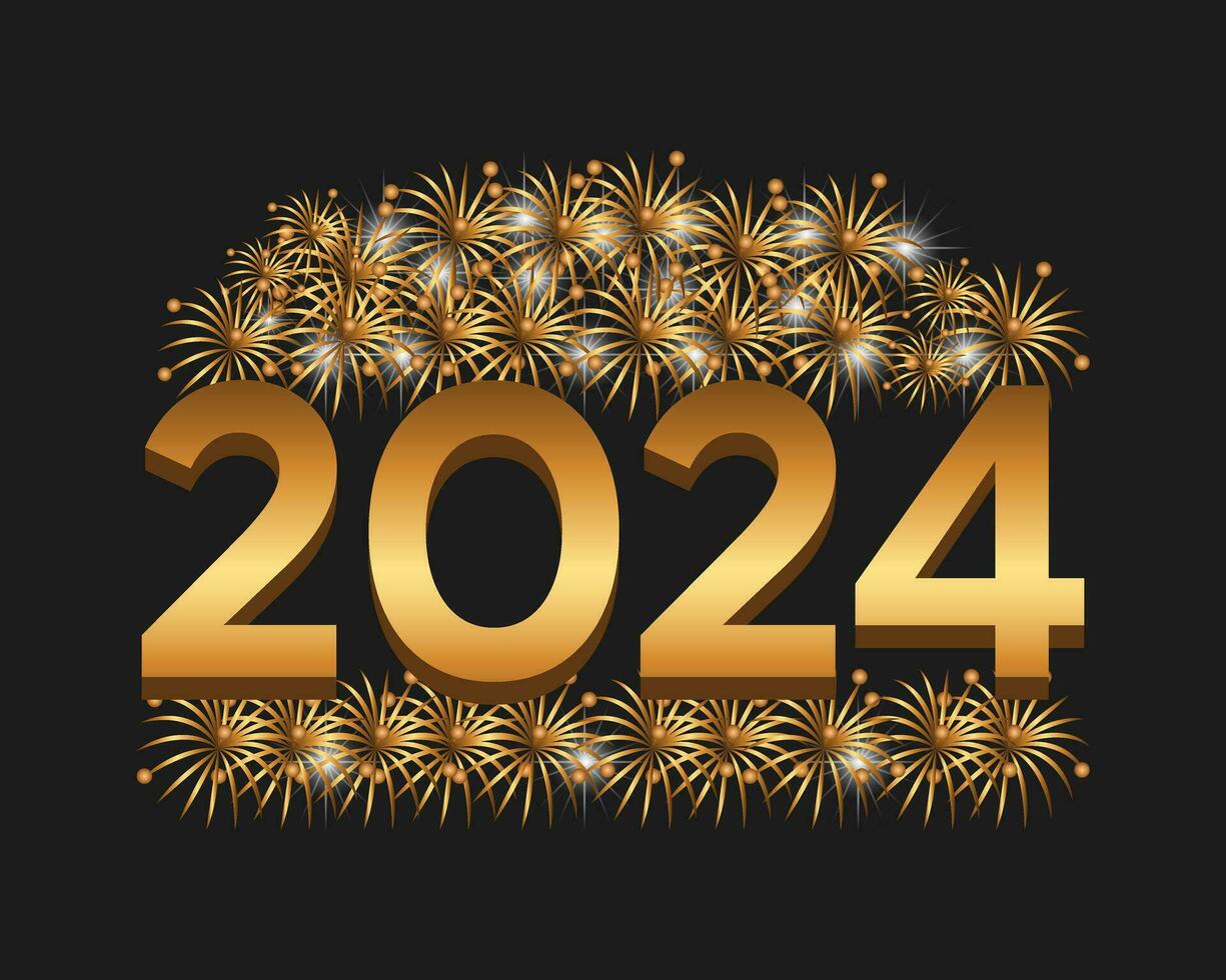 contento nuovo anno 2024 celebrazione festivo concetto con fuochi d'artificio, festa cappelli, e Natale sfera. sfondo, striscione, carta, celebrazione manifesto, festa invito o calendario. vettore