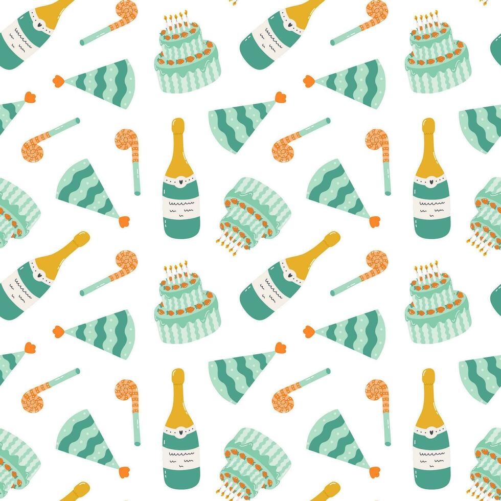 senza soluzione di continuità modello con compleanno festa cappello, torta, bottiglia di Champagne nel carino scarabocchio stile. infantile design con vacanza clipart per involucro carta, Stampa, tessuto, album di ritagli. luminosa festivo sfondo. vettore