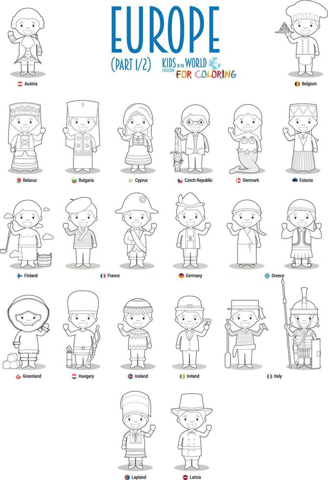 bambini e nazionalità di Europa vettore impostato 1 di 2. impostato di 22 personaggi per colorazione vestito nel diverso nazionale costumi.