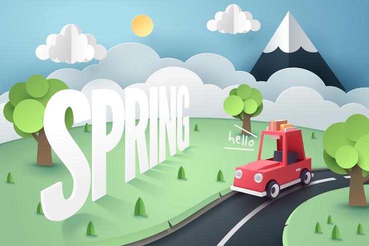 Arte di carta della strada campestre e montagna dell&#39;automobile rossa con iscrizione della mano di Ciao primavera vettore