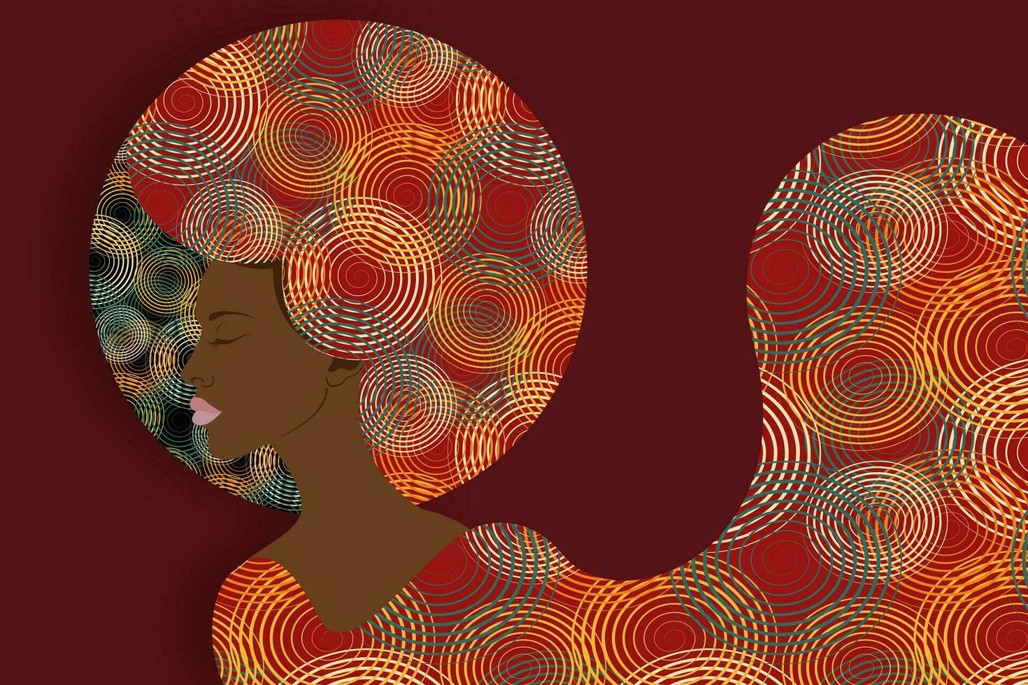 ritratto africano americano donna nel etnico turbante e vestito, buio pelle femmina viso con afro Riccio capelli concetto, bellezza logo disegno, acconciatura salone, vettore isolato o buio rosso sfondo