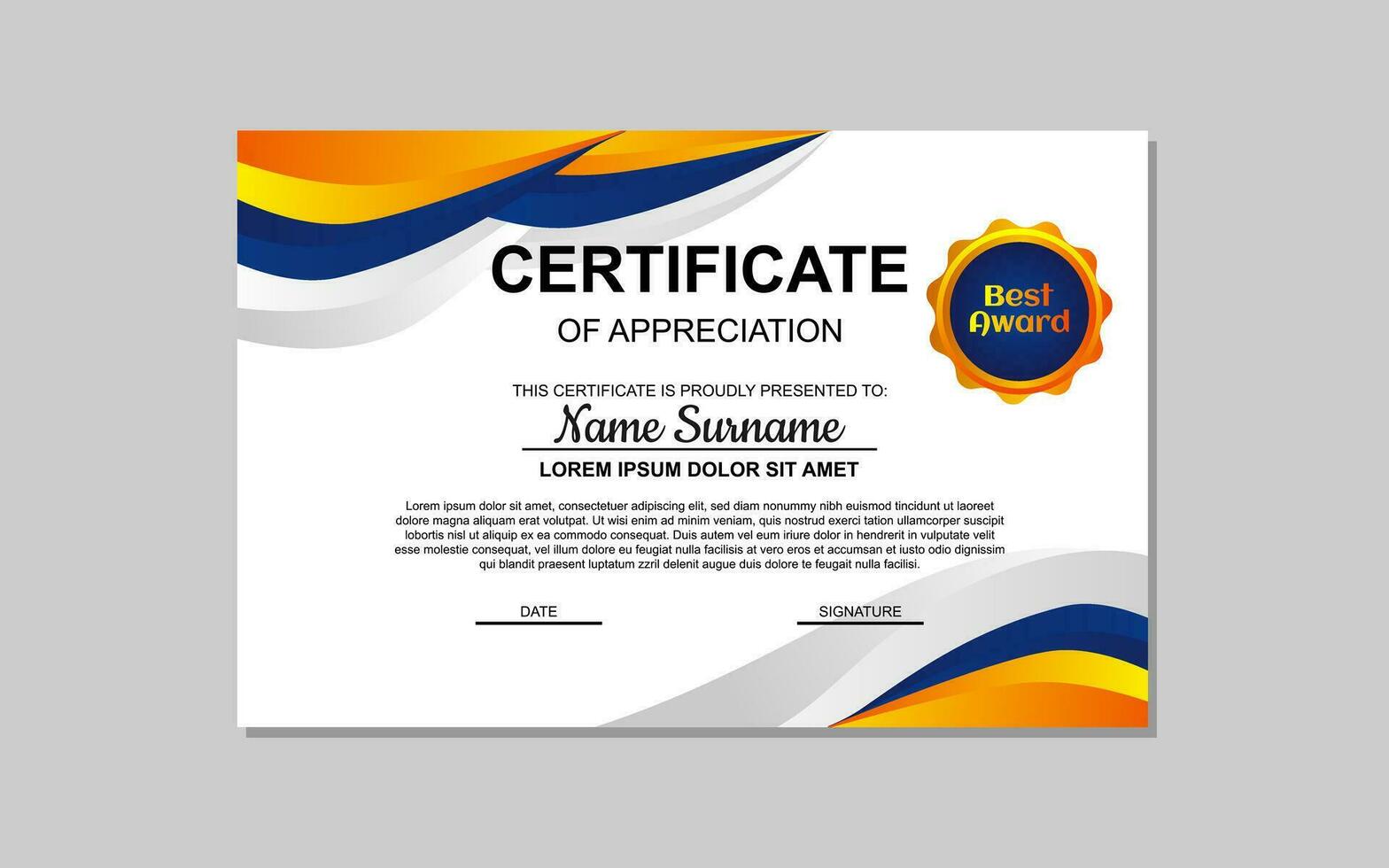 certificato modello nel blu e arancia astratto stile per apprezzamento di attività commerciale, formazione scolastica. certificato design per apprezzamento. vettore