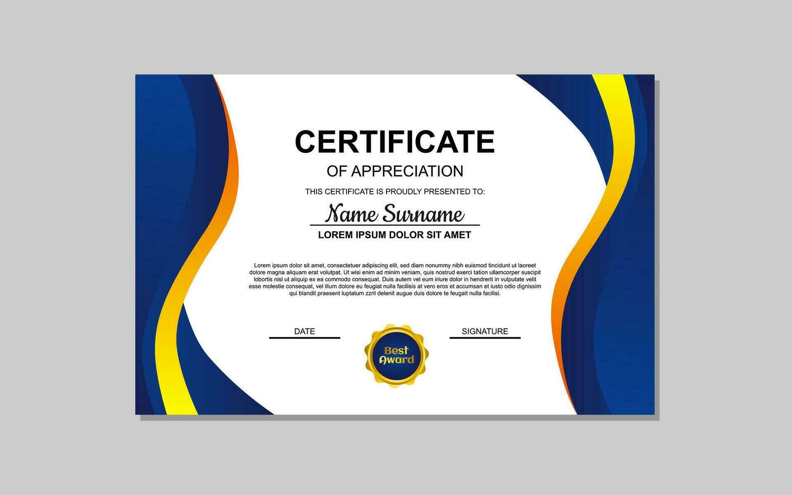 certificato modello nel blu e arancia astratto stile per apprezzamento di attività commerciale, formazione scolastica. certificato design per apprezzamento. vettore