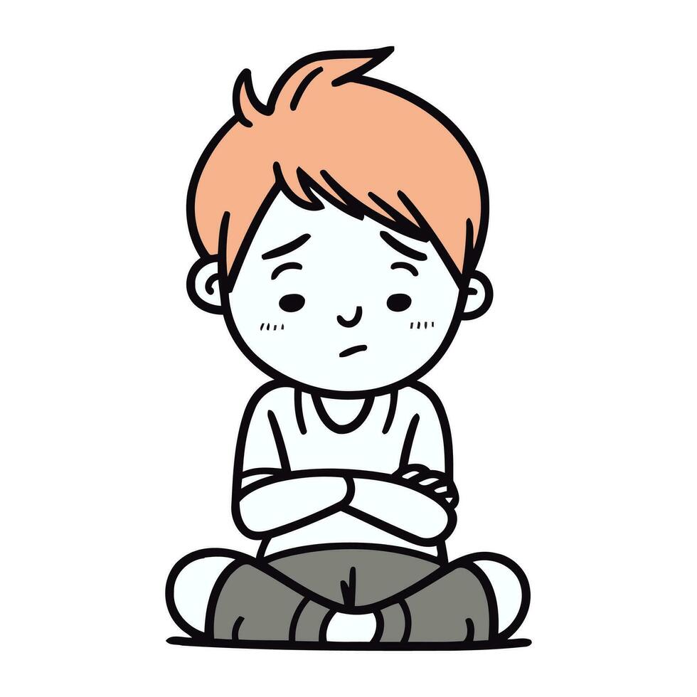 carino poco ragazzo seduta e Meditare cartone animato vettore illustrazione grafico design