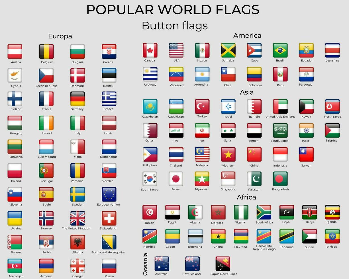 vettore piazza bandiere di il mondo. pulsante bandiere. ufficiale rgb colorazione. popolare mondo bandiere impostare.