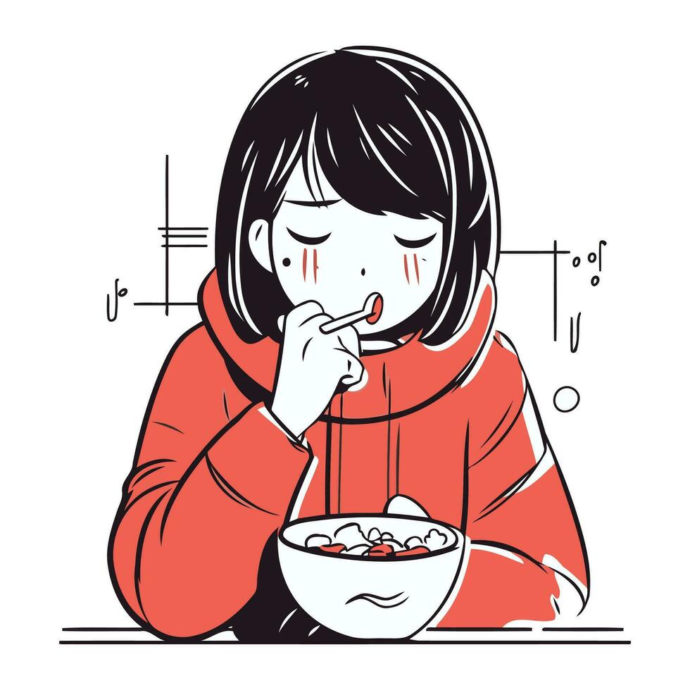 illustrazione di un' ragazza nel un' rosso felpa con cappuccio mangiare un' ciotola di la minestra vettore