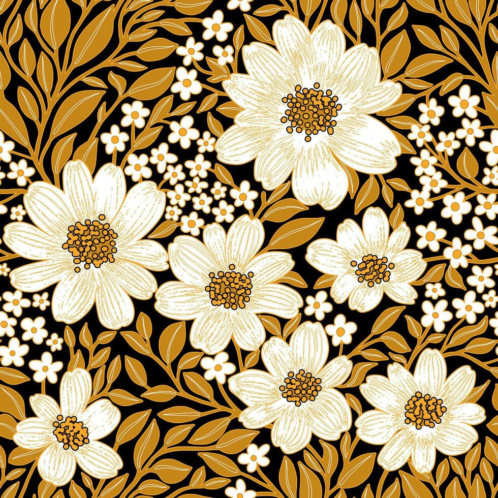 floreale senza soluzione di continuità modello di bianca fiori e giallo le foglie su nero sfondo, sfondo design per tessili, documenti, stampe, moda, bellezza prodotti vettore